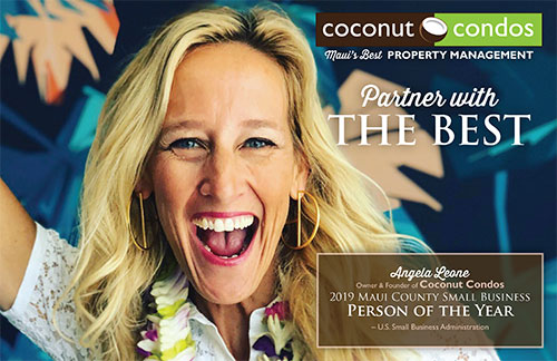 Angela Leone getting Maui County Small Business Person of the Year award in 2019